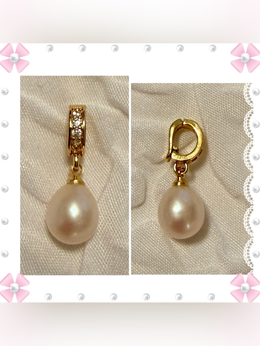 Charm / pendant - teardrop faux pearl with rhinestones on clasp - gold tone New!